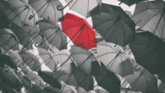 Red different umbrella in mass of black umbrellas